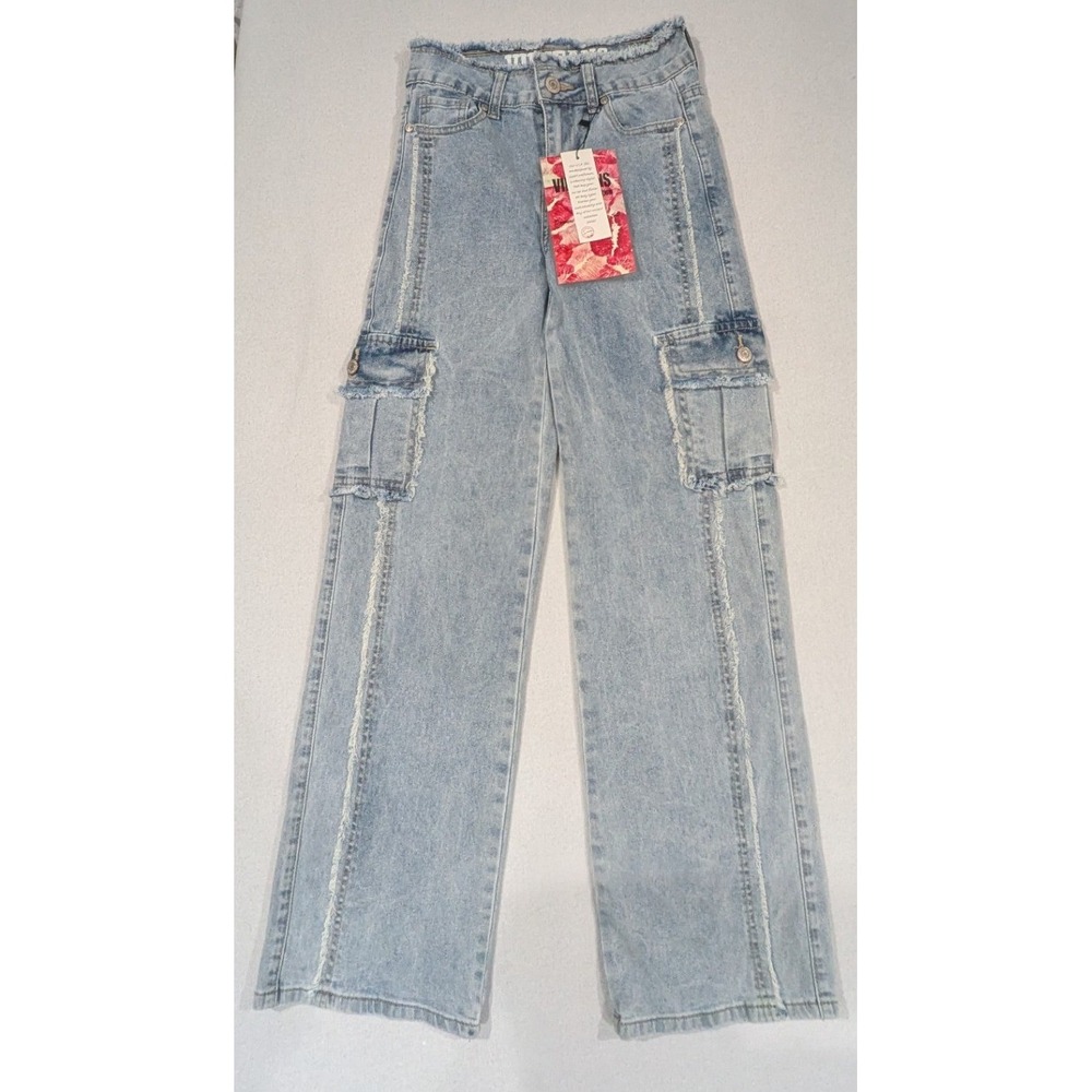 VIP Jeans Cargo Pants Womens 1/2 Blue Light Wash NWT Wide Leg Frayed Seams
